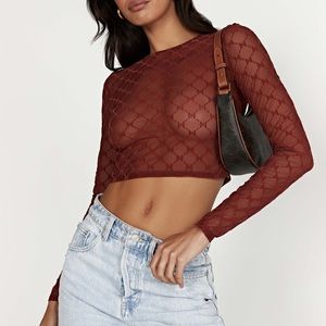 Meshki Letitia Mesh Monogram Crop Top Cherry Chocolate